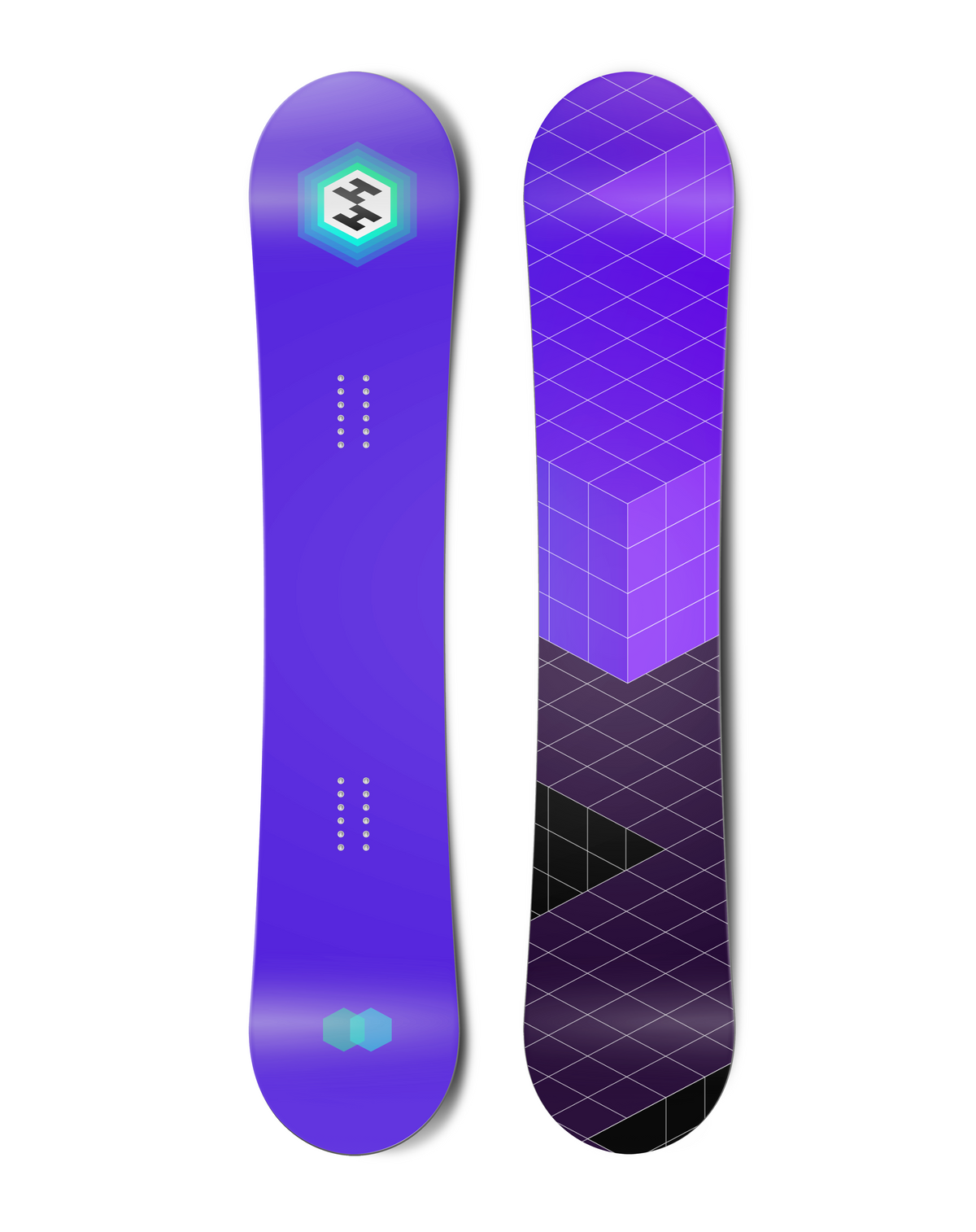 Top and bottom view of a purple snowboard with a hexagonal logo