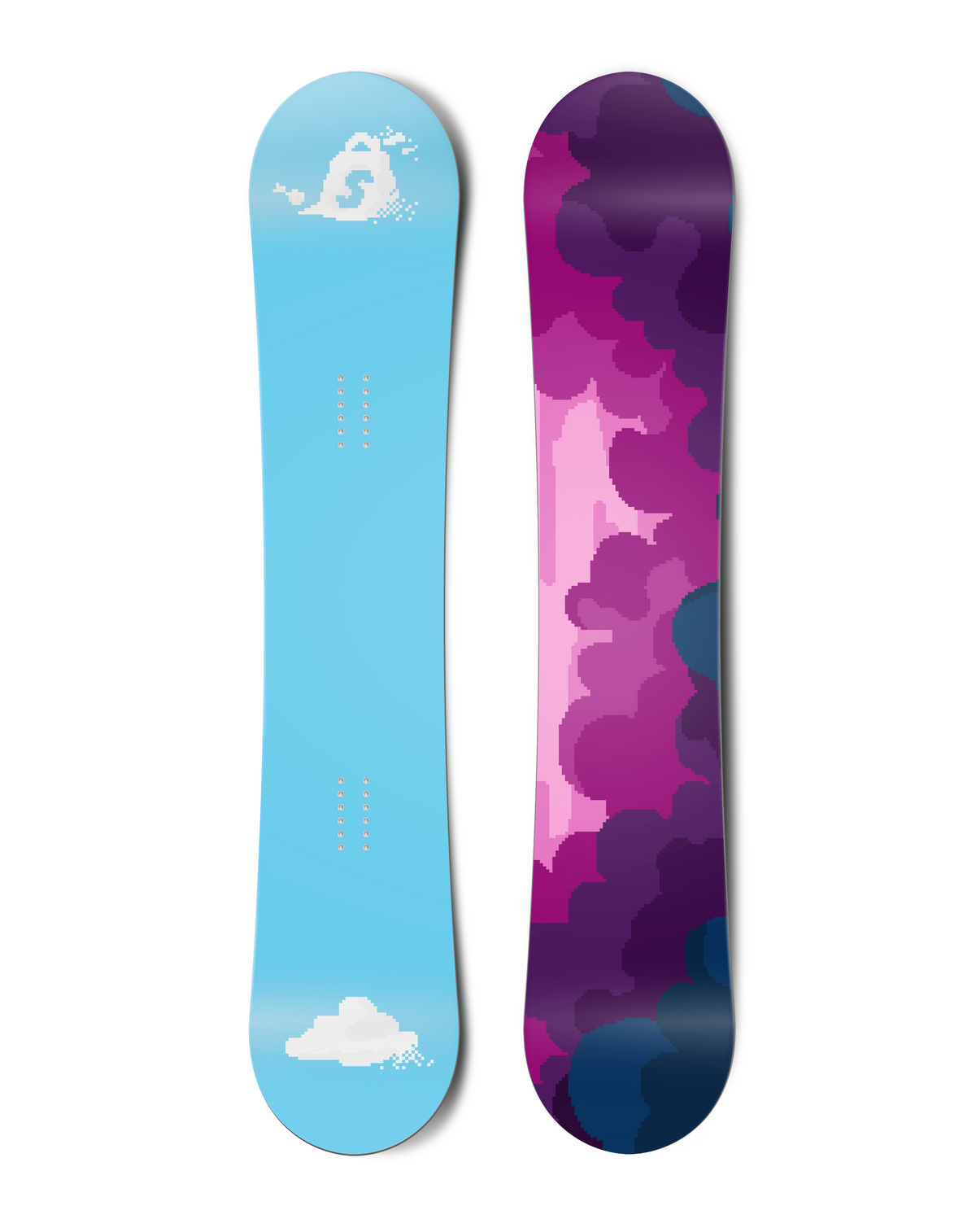 Top and bottom view of a turquoise snowboard with tree graphics
